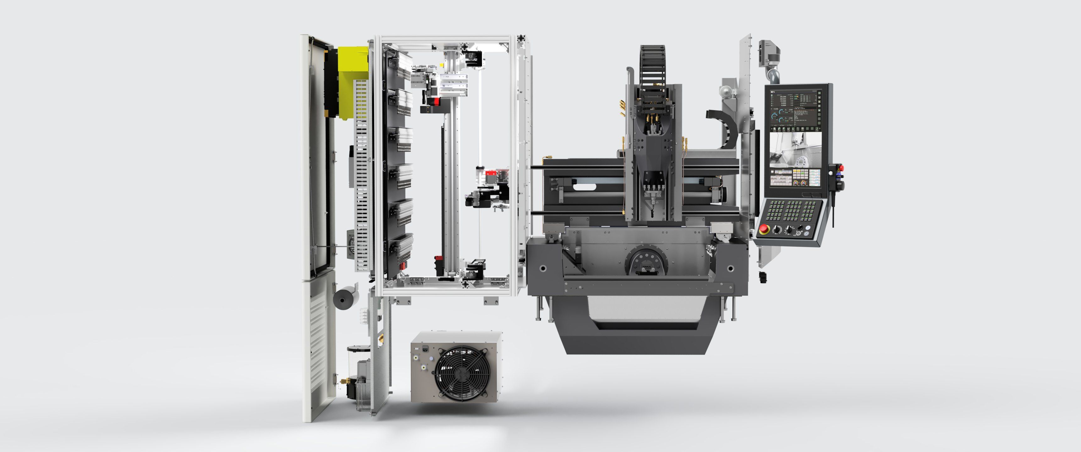 The same front view with the covers off: the electrical cabinet, central lubrication, tool magazine, tool picker, tool changer and spindle chiller on the left, the spindle and rotary table on the mineral-cast base in the middle, the FANUC control on the right