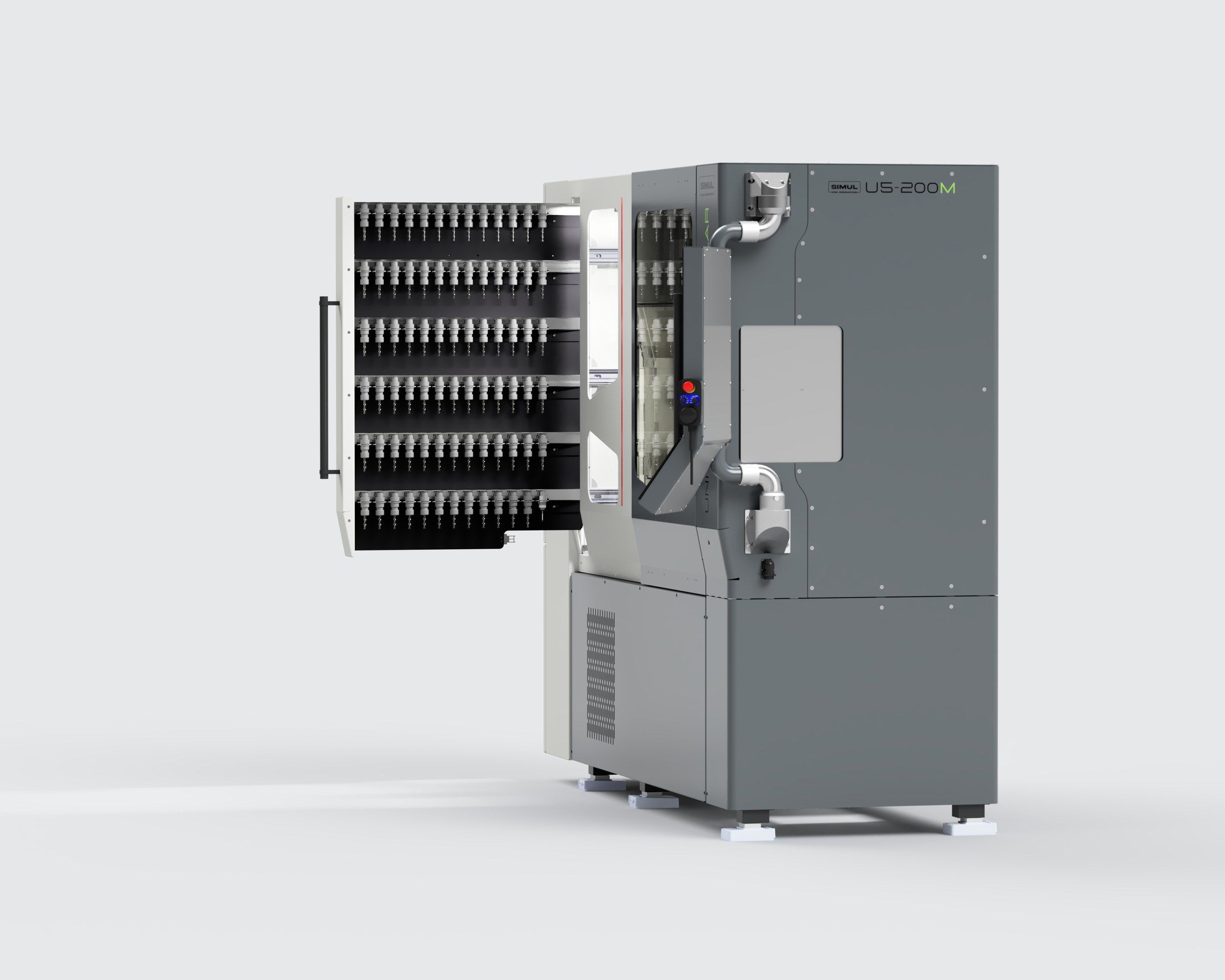 Unicorn 5-200 Modular from the end, the tool magazine door open with its six rows of tools