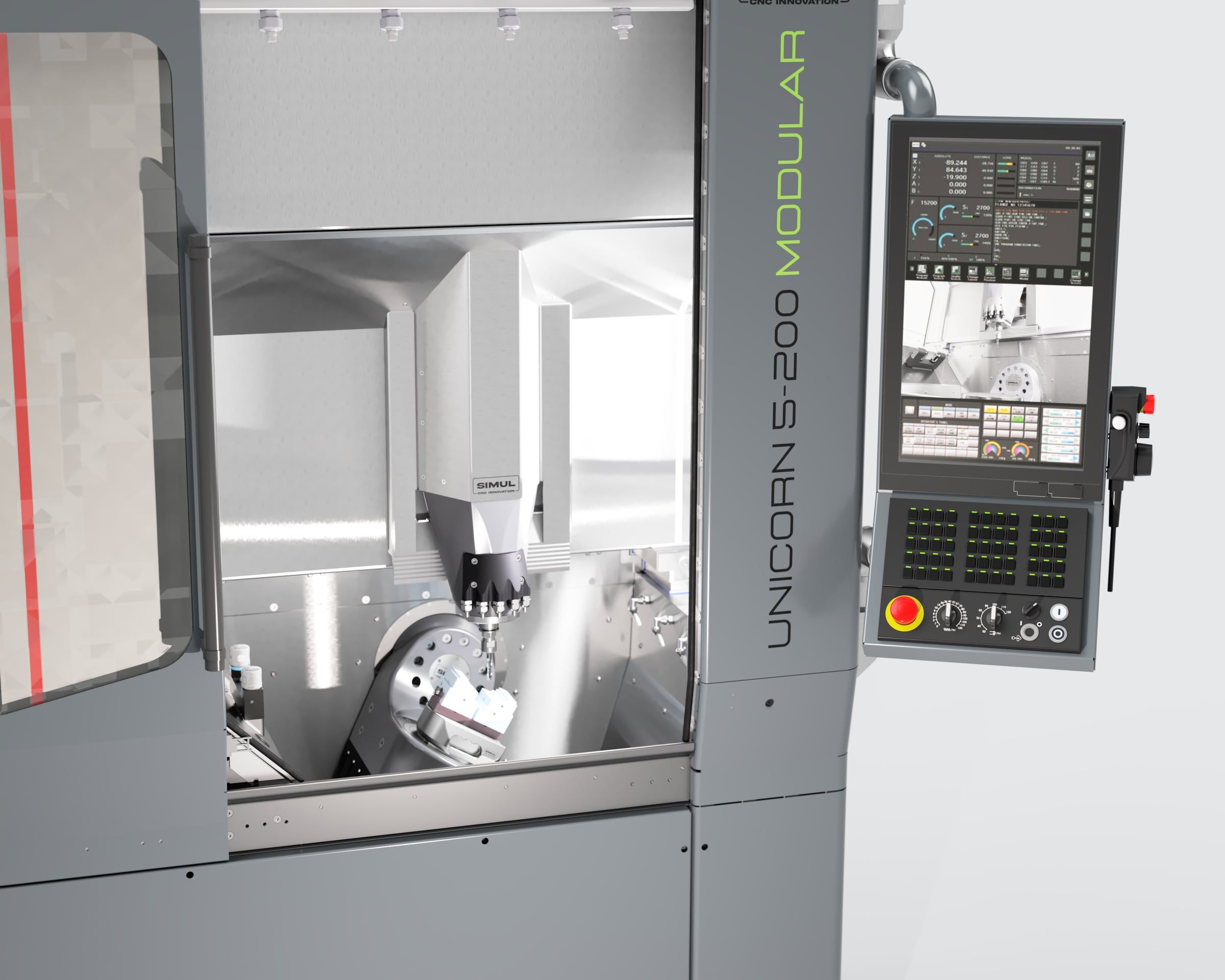 The work area of the Unicorn 5-200 Modular through the open door: the IBAG HSK-E32 spindle above the B and C rotary table, the FANUC control beside it